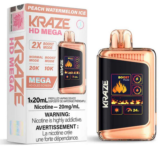 Kraze HD Mega disposable vape Peach Watermelon Ice flavor on a white background.