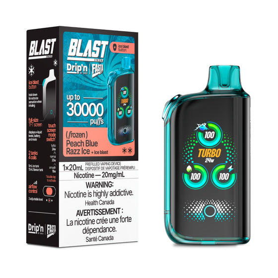 Fasta Blast vaping device with digital display and packaging labeled 'Blast' on a white background