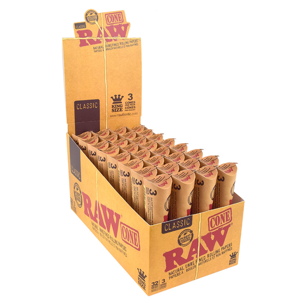 A RAW brand display box filled with multiple individual RAW cone packs, photographed on a clean white background.