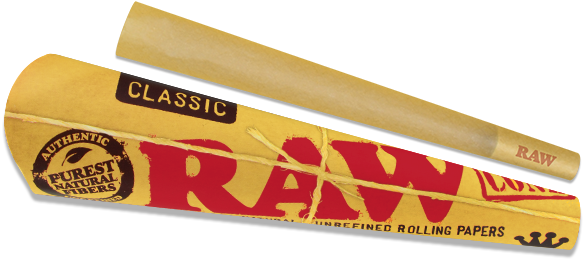 A RAW brand classic rolling paper cone shown next to its yellow and red branded paper sleeve on a plain white background.