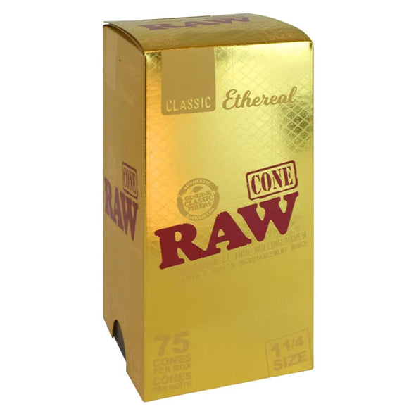 A gold-colored RAW brand cone pack box, labeled 'CLASSIC Ethereal' and '75 CONES PER BOX", shown on a plain white background.