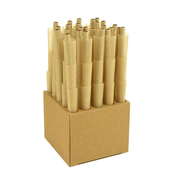 A set of RAW Ethereal natural rolling cones standing upright in a matching cardboard display block, isolated on a white background.