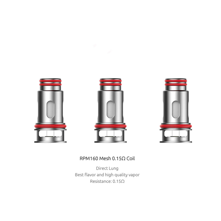 Three RPM160 Mesh 0.15Ω Coils with red accents on a white background