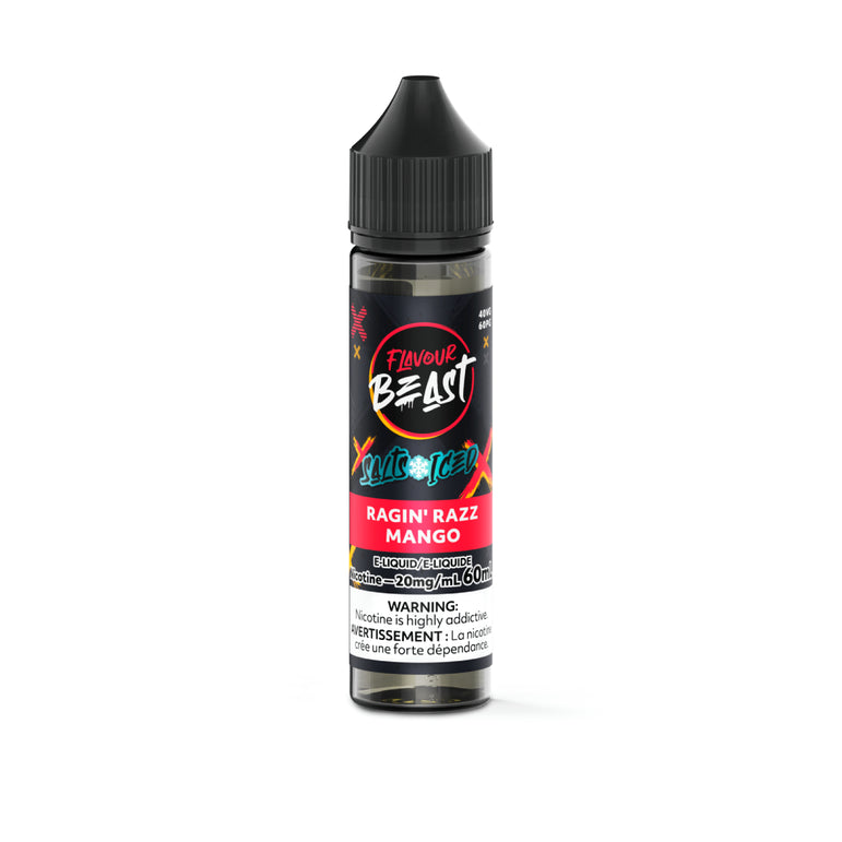 Flavour Beast Racin' Razz Mango vape juice bottle on a white background