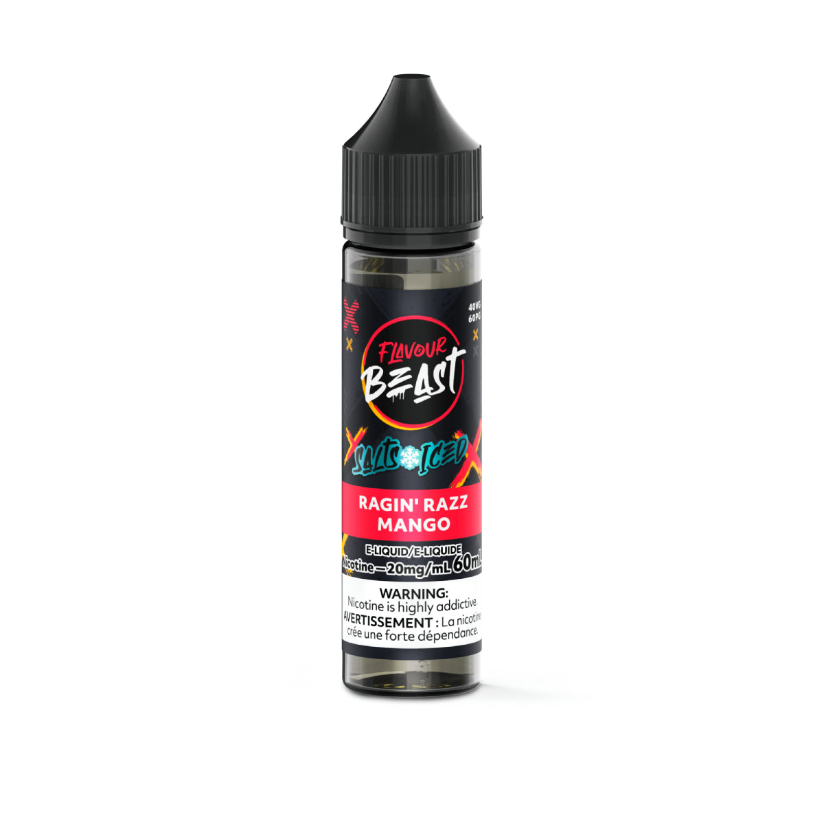 Flavour Beast Racin' Razz Mango vape juice bottle on a white background