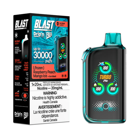 Fasta Blast vaping device with digital display and packaging labeled 'Blast' on a white background