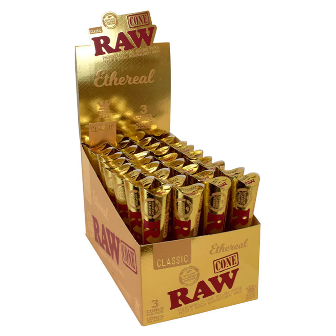 A RAW Classic Ethereal Cone display box filled with individually wrapped rolling papers, shown on a plain white background.