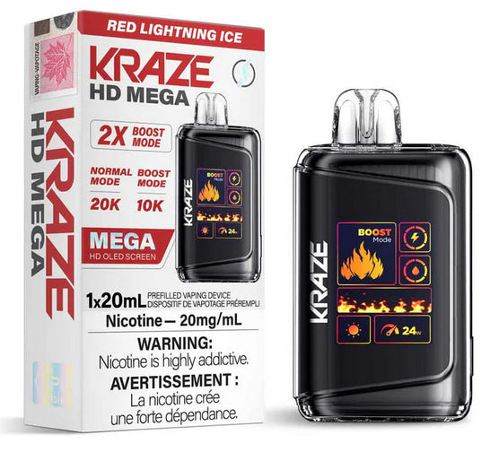 Kraze HD Mega disposable vape Red Lightning Ice flavor on a white background.