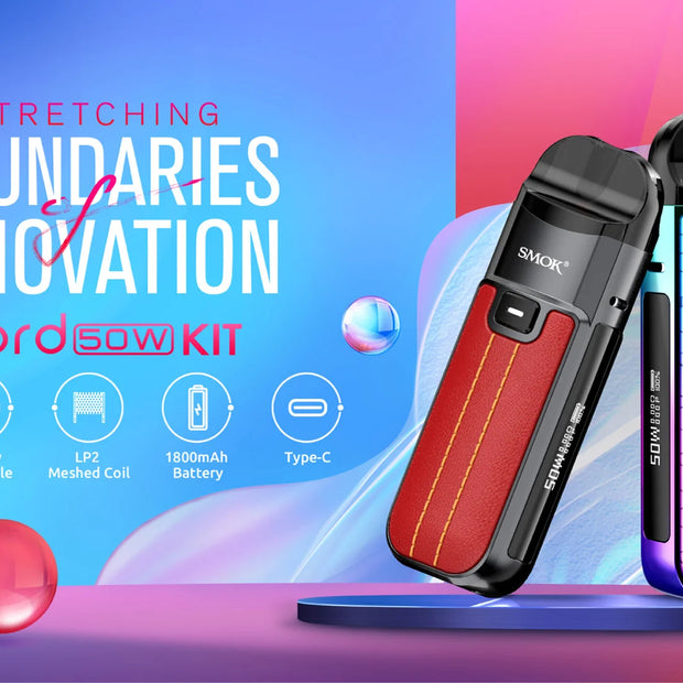 Smok Nord 50 Pod Kit promotional banner with bright blue and red background.