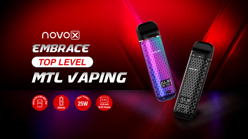 Smok Novo X Vape Pod Kit promotional banner with bright red and purple hints background.