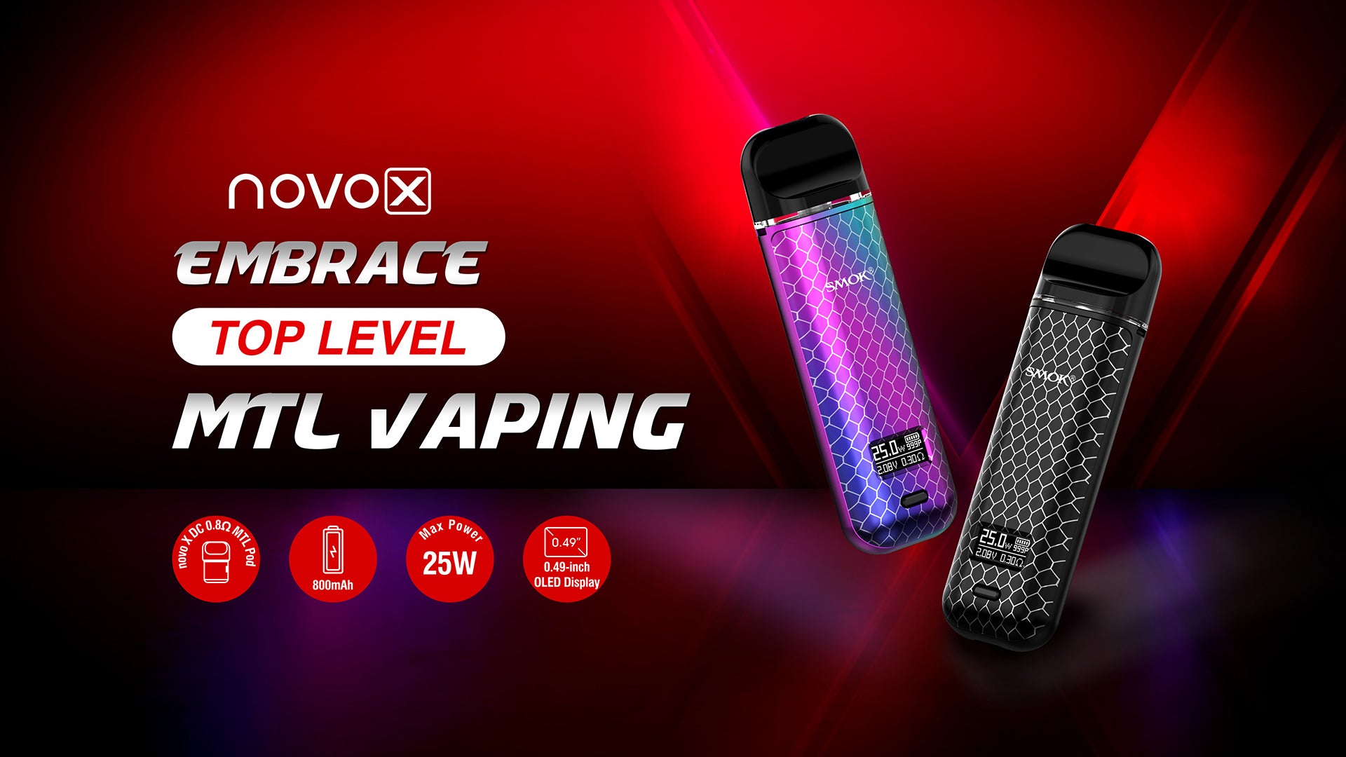 Smok Novo X Vape Pod Kit promotional banner with bright red and purple hints background.