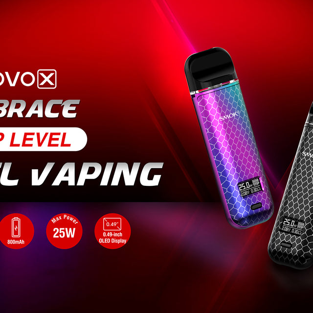 Smok Novo X Vape Pod Kit promotional banner with bright red and purple hints background.