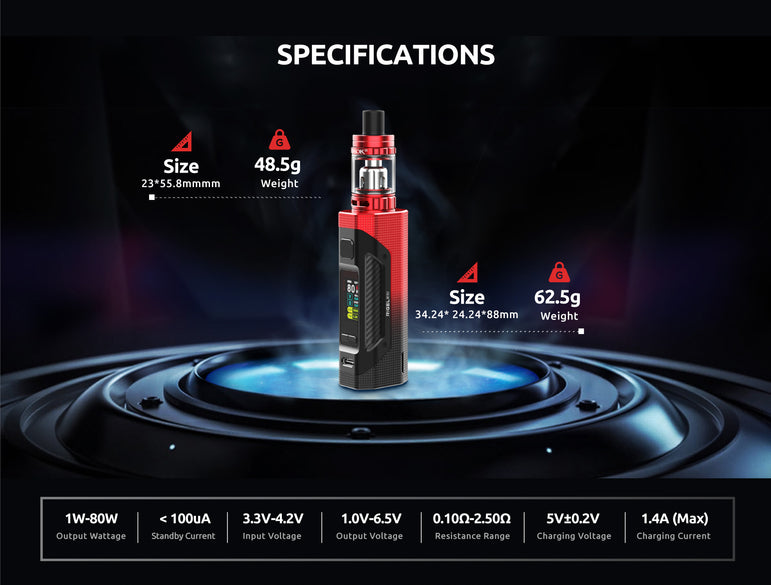 Smok Rigel 80 Watt Mini vape kit promotional banner with black background and device information.