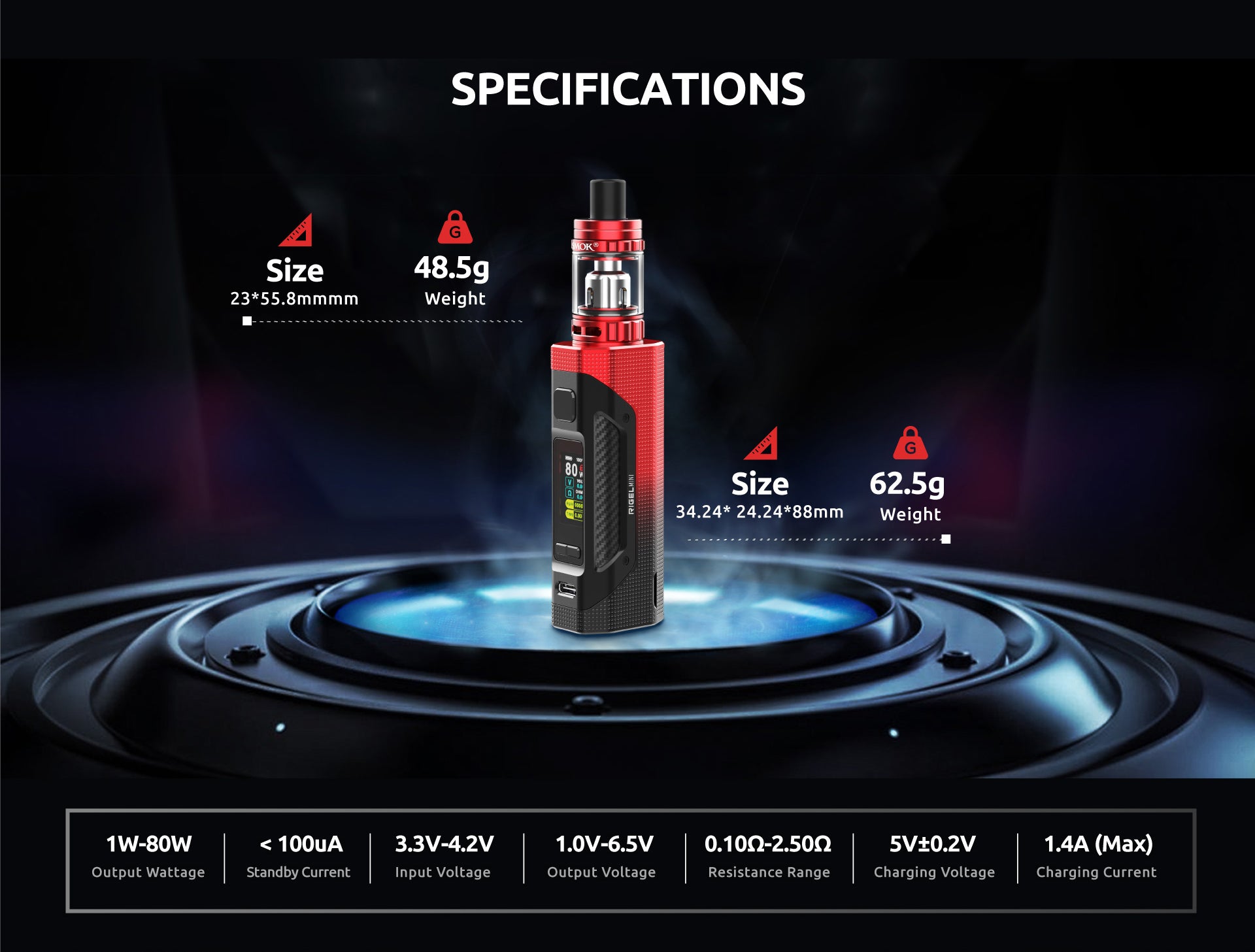 Smok Rigel 80 Watt Mini vape kit promotional banner with black background and device information.