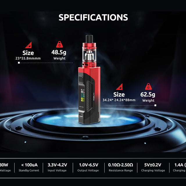 Smok Rigel 80 Watt Mini vape kit promotional banner with black background and device information.