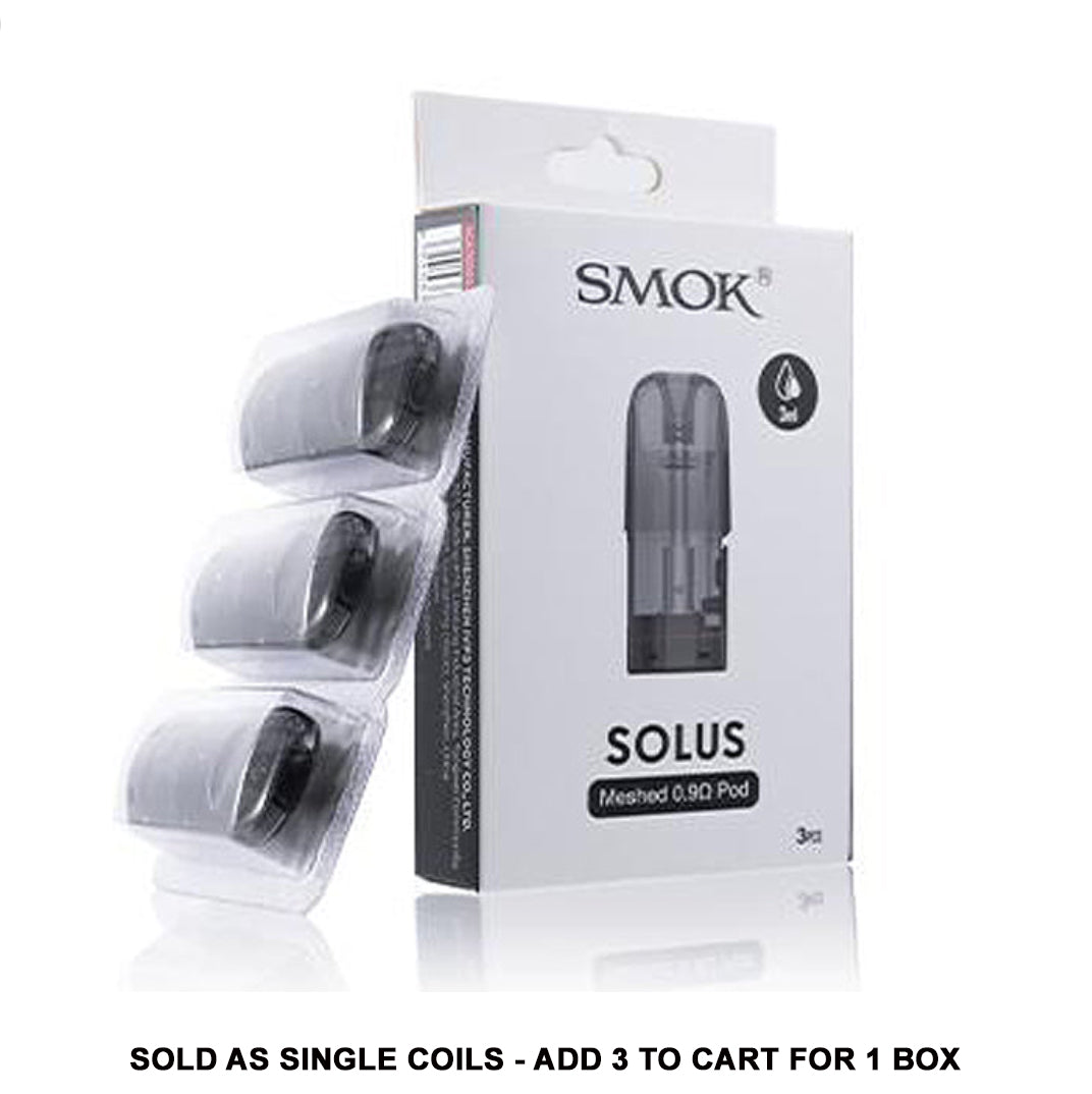 SMOK Solus meshed 0.90 pod replacement vape coils in a 3-pack, shown with their white and black retail packaging on a white background.