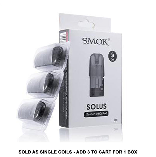 SMOK Solus meshed 0.90 pod replacement vape coils in a 3-pack, shown with their white and black retail packaging on a white background.