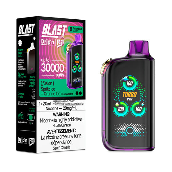 Fasta Blast vaping device with digital display and packaging labeled 'Blast' on a white background