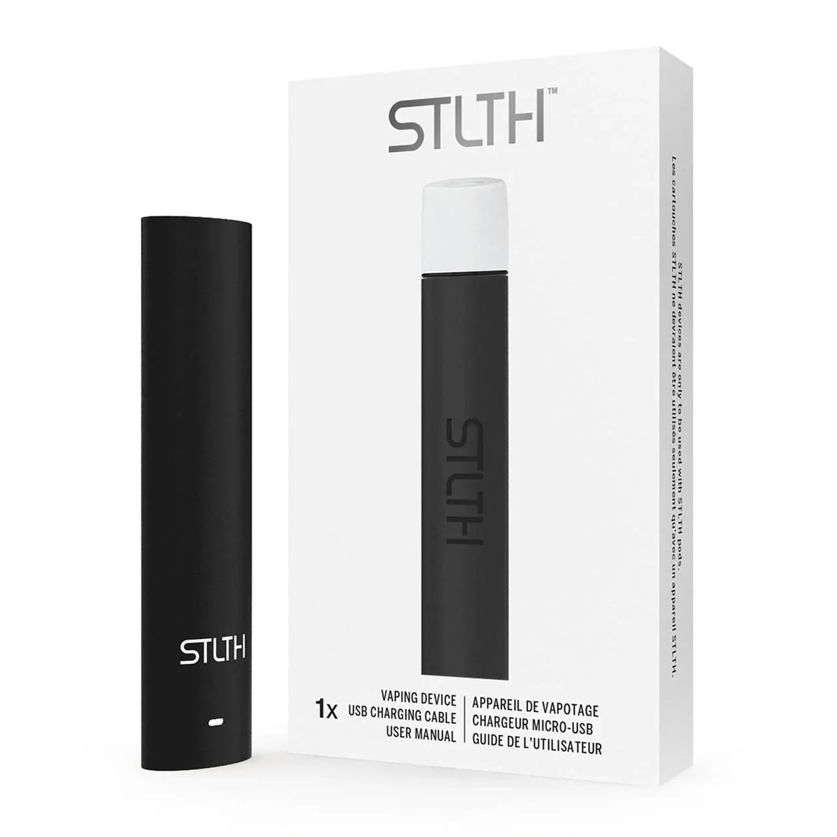 A black STLTH vaping device standing next to its white retail packaging box, which displays the STLTH logo and product details in English and French.