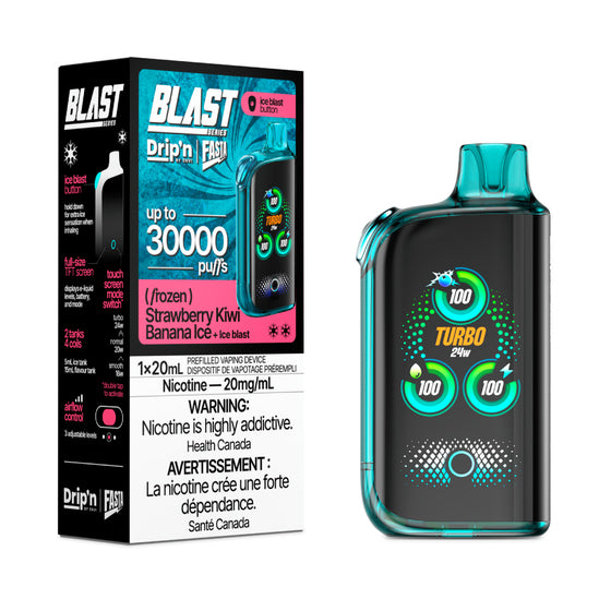 Fasta Blast vaping device with digital display and packaging labeled 'Blast' on a white background