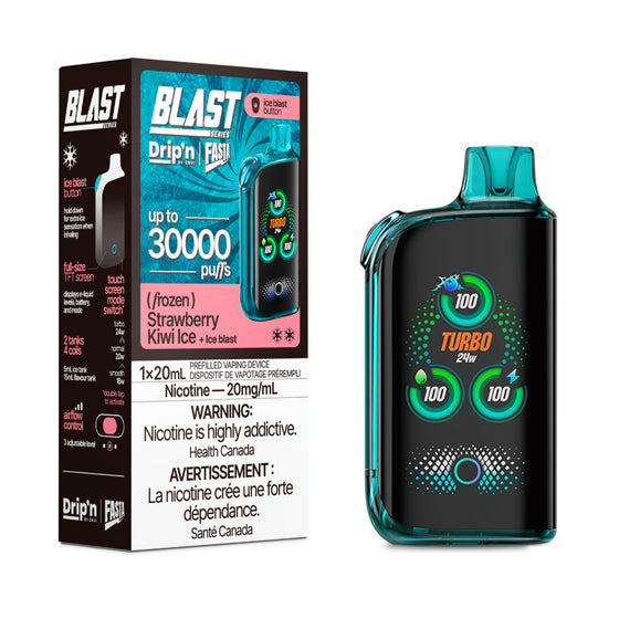 Fasta Blast vaping device with digital display and packaging labeled 'Blast' on a white background