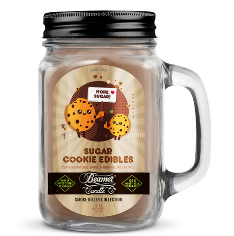 Jar candle with a 'Sugar Cookie Edibles' label on a white background
