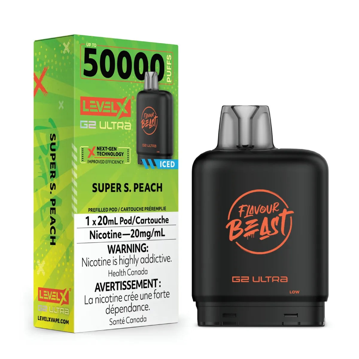 Flavour Beast vape device and Level X packaging on a white background