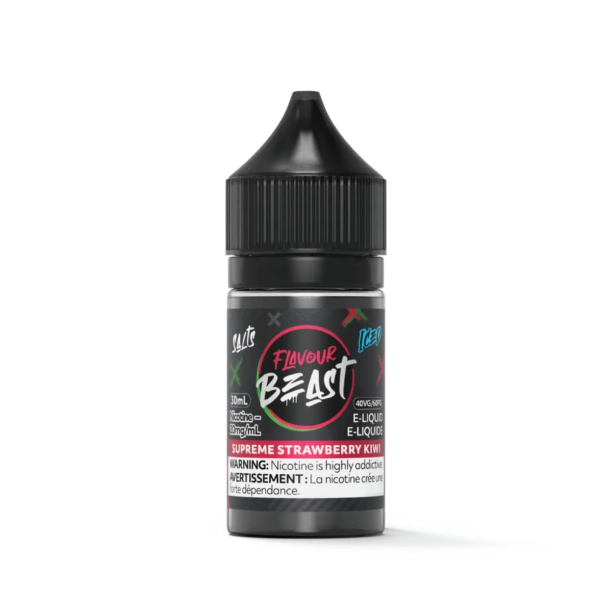 A 30ml bottle of e-liquid by the brand 'nit' under the 'Flavour Beast' series, in 'Supreme Strawberry Kix' flavor. The bottle has a black cap and a black label with red, pink, and white text and graphics, set against a plain white background.