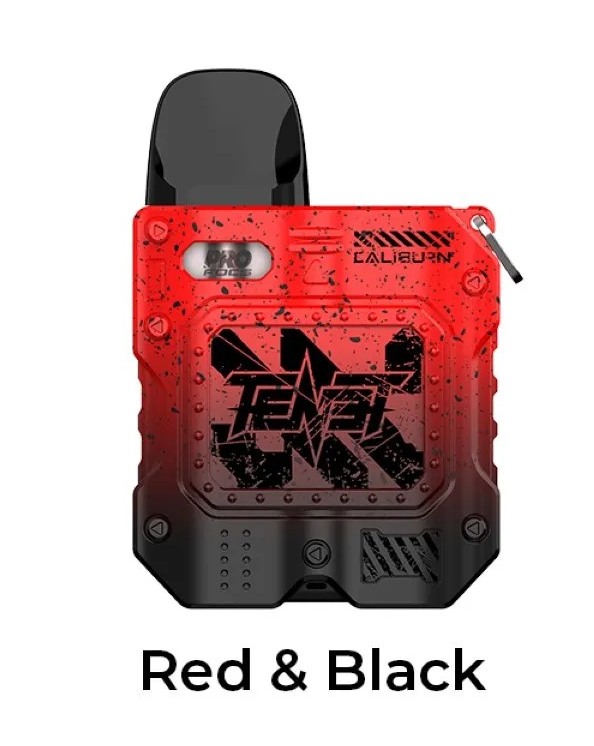 Red and black vape device with visible branding on a white background