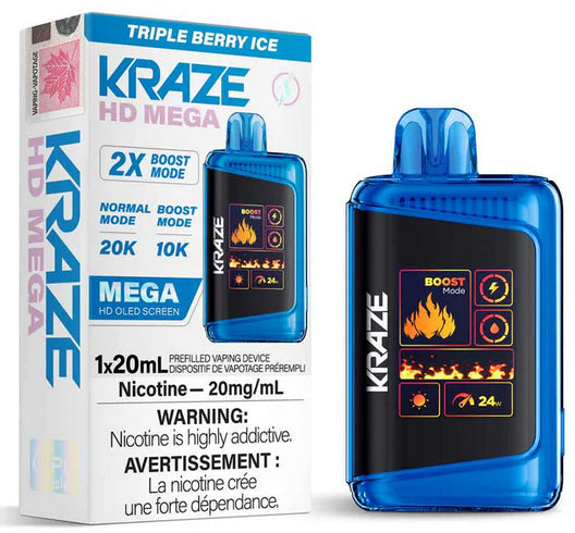 Kraze HD Mega disposable vape Triple Berry Ice flavor on a white background.