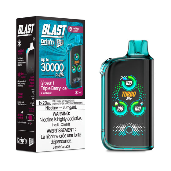 Fasta Blast vaping device with digital display and packaging labeled 'Blast' on a white background