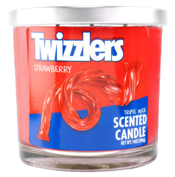 Twizzlers strawberry scented candle with red and blue label 14 oz.
