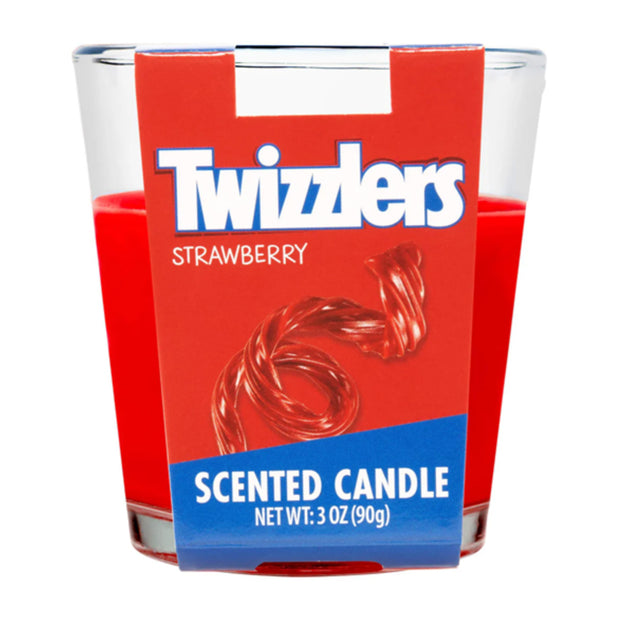 Twizzlers Strawberry scented candle in a glass container with red wax.