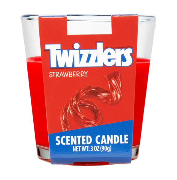 Twizzlers Strawberry scented candle in a glass container with red wax.