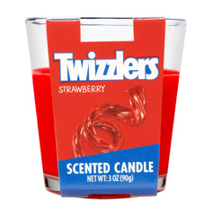 Twizzlers Strawberry scented candle in a glass container with red wax.