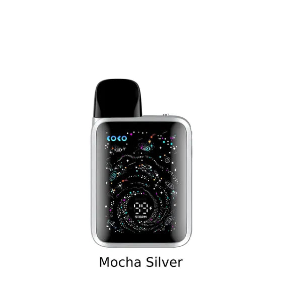 Mocha Silver Caliburn G5 KOKO vape device with digital display on a white background