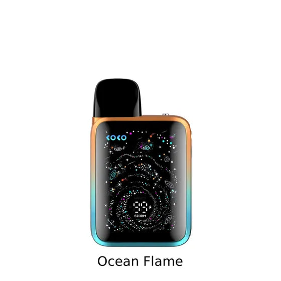 Vaping device Caliburn G5 KOKO with digital display on a white background, labeled 'Ocean Flame'.