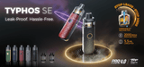 Promotional image of Typhos SE vape device with specifications on a dark background