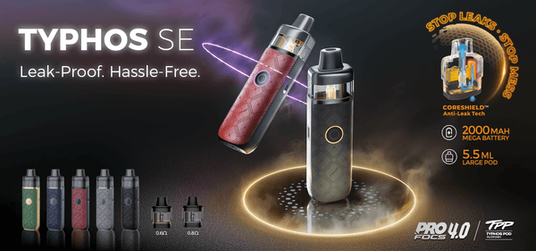 Promotional image of Typhos SE vape device with specifications on a dark background