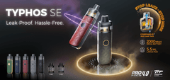 Promotional image of Typhos SE vape device with specifications on a dark background
