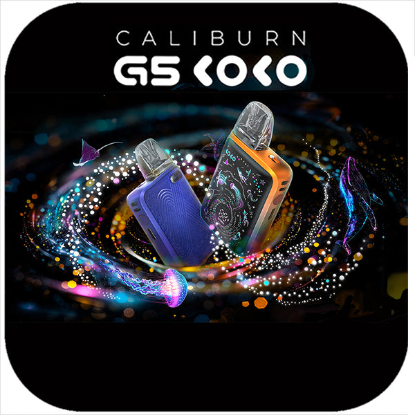 Caliburn G5 Koko devices with a swirling, colorful background on a black border.