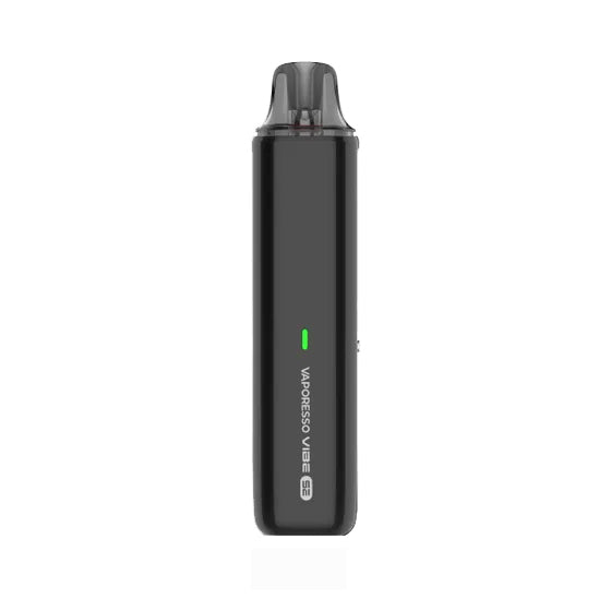 Black vape device with visible branding on a white background