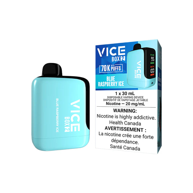 Blue Raspberry Ice Vice Box 2 vape device and packaging on a white background
