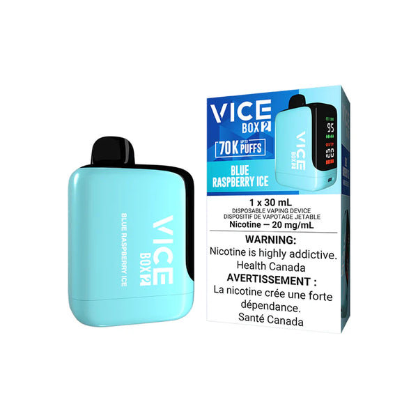 Blue Raspberry Ice Vice Box 2 vape device and packaging on a white background