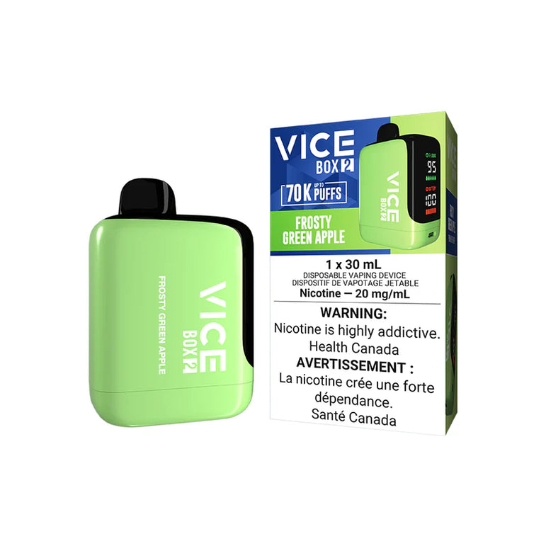 Frosty Green Apple Vice Box 2 vape device and packaging on a white background