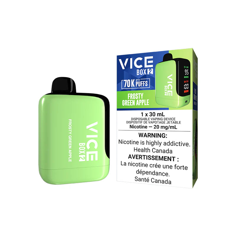 Frosty Green Apple Vice Box 2 vape device and packaging on a white background