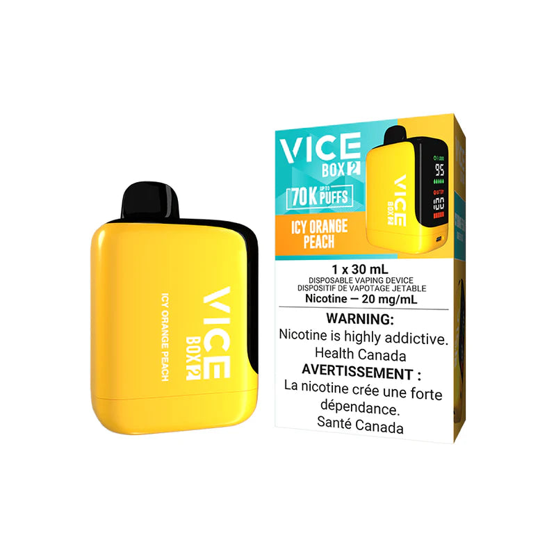 Icy Orange vape device with VICE BOX 2 branding next to its packaging on a white background