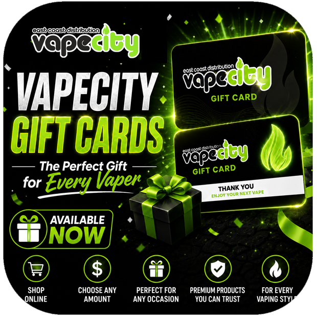 Promotional graphic for Vapacity gift cards with green and black design.