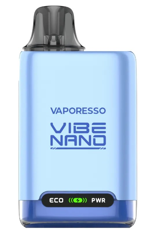 Vaporesso Vibe Nano device with blue body and black top on a white background