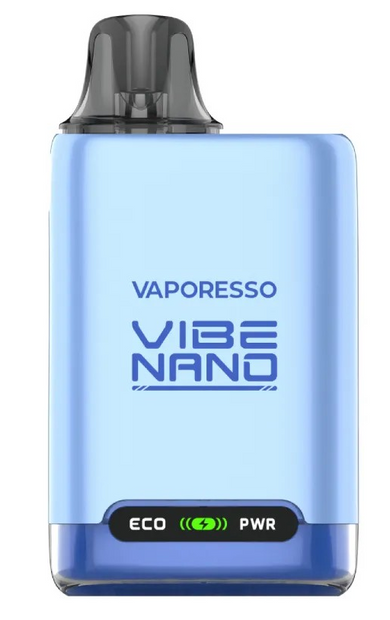 Vaporesso Vibe Nano device with blue body and black top on a white background